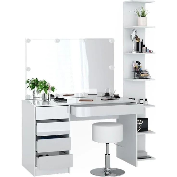 Schminktisch Sherry Weiß 4 Teile, mit Aufbewahrungsregal, Spiegel, Hocker, LED Vicco – Bild 7