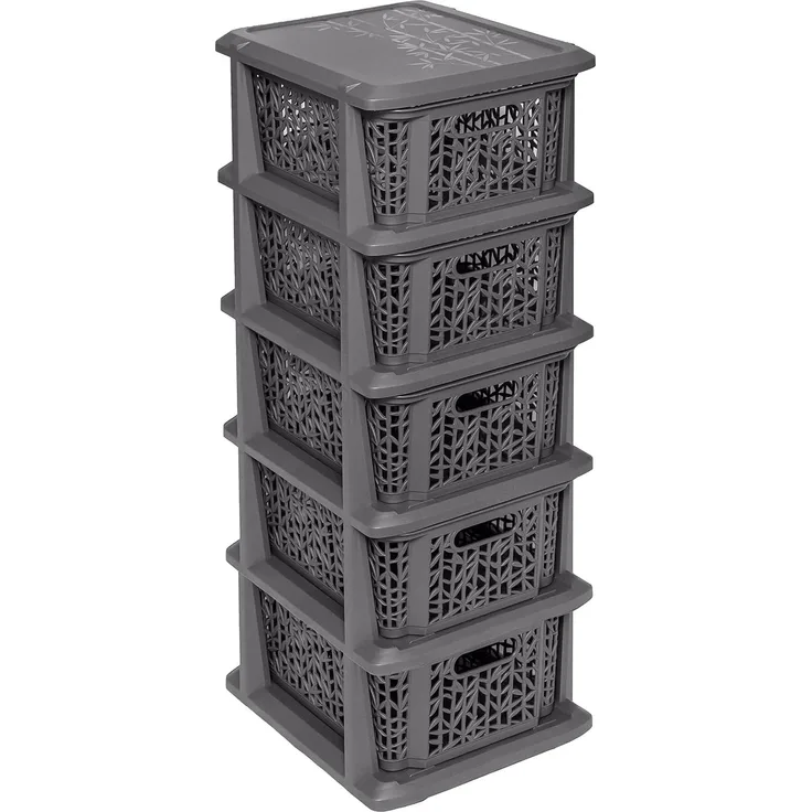 BranQ - Home essential Universelles, multifunktionales Regal in Bamboo Design, BPA-frei Kunststoff, 5 Körben, Anthrazit