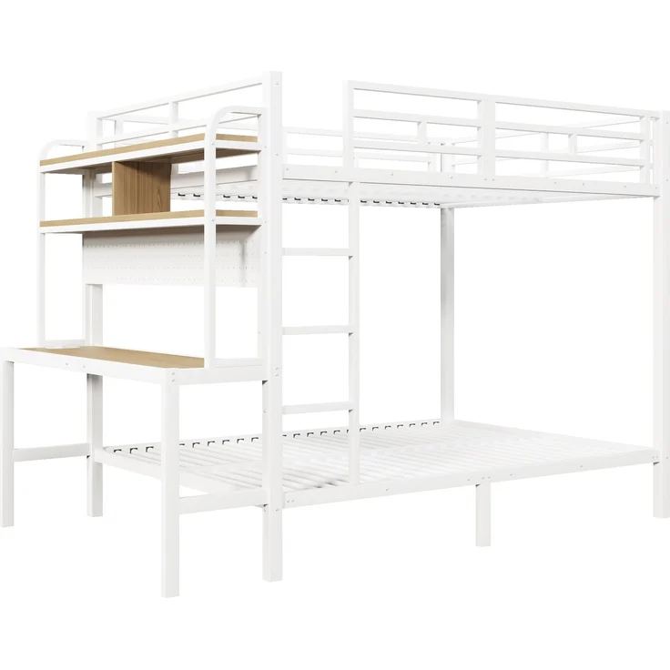 Etagenbett, 140x200 cm, Eisenrahmen, Ablagefach, Schreibtisch, mit LED-Lichtleiste, USB-Anschluss, Sicherheitsgeländer, Leiter, ohne Matratze, Weiß – Bild 10