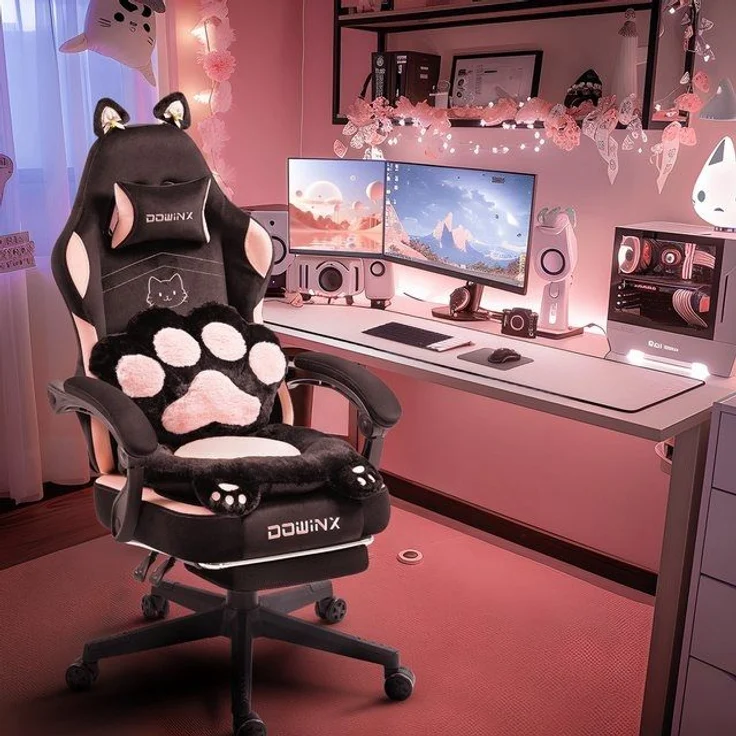 Dowinx Gaming-Stuhl Niedlich mit Katzenohren, Pfoten-Lendenkissen und Sitzkissen, (Packung), Ergonomischer Computerstuhl mit Fußstütze, PC-Spiele-Stuhl für Mädchen – Bild 4