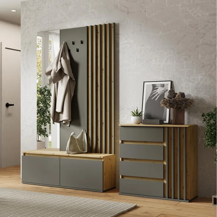 Lomadox Garderoben-Set DAVIS-166, (Spar-Set, 2-St, Kommode Garderoben Kombination), Eiche graphit Lamellen-Design grifflos modern