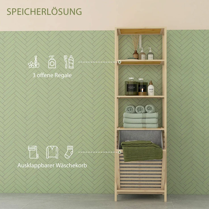 Badregal 44 x 33 x 160 cm aus lackiertem Bambus mit 3 Ablagen und kippbarem Wäschekorb – Bild 2