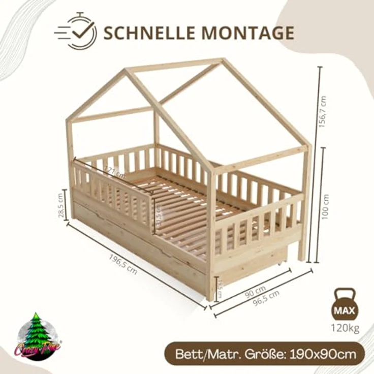 Crazy Pine 'Crazy House' Hausbett mit abnehmbaren Rausfallschutz, Naturholz, Natur, 90x190 cm, mit Ausziehbett – Bild 3