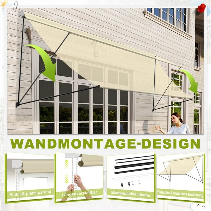 FIVMEN Markise Fallarmmarkise, Beige, UV-Schutz für Balkon & Fenster Aluminiumrohre und 100% Polyestergewebe mit wasserdichter Beschichtung – Bild 3