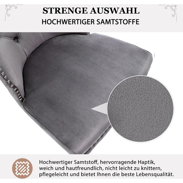 2er Set Esszimmerstuhl Samt gepolstert Massivholz & Metall, modernes Design mit Pin-Kopf Dekoration,Grau – Bild 8