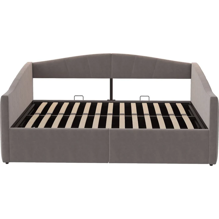 Polsterbett Sofabett 140*200 cm, Mit hydraulischer Lagerung, Mit Lattenrost und Armlehnen, Klassische Streifen, Vielseitiges Doppel, Hautfreundlicher Samtstoff, Grau – Bild 10