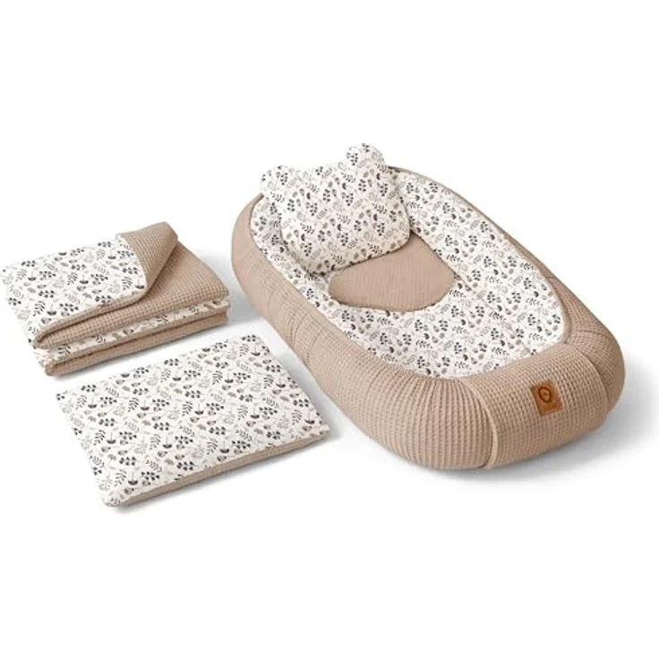 Babynest Nestchen Baby Set für Neugeborene – 5-teilig – Kuschelnest aus 100% Baumwolle & Waffelpique – Babykokon tragbar – für Babybett, Kinderbett & Kinderwagen – OEKO-TEX - Zweige und Braun – Bild 1