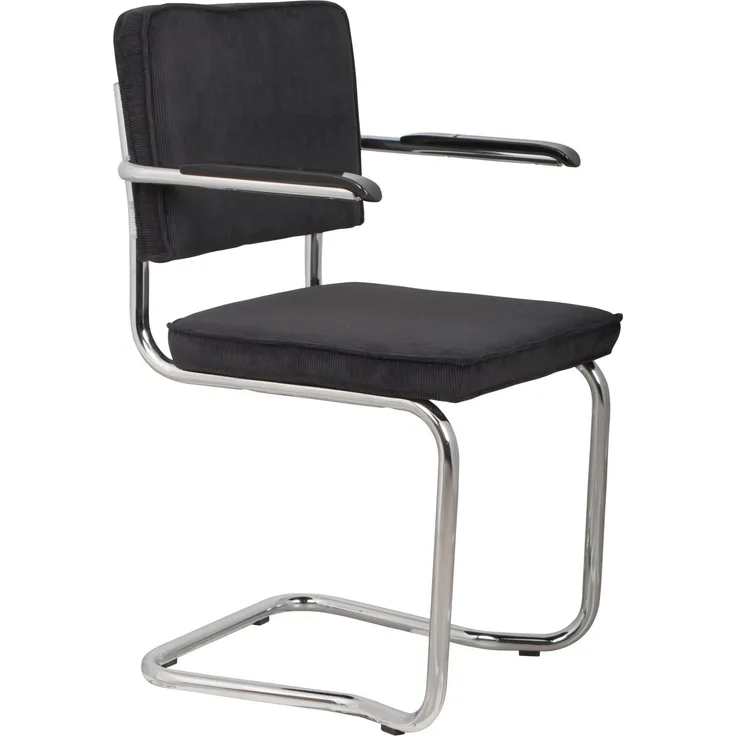 Zuiver Sessel Ridge Kink Rib im 2er-Set, Schwarz mit verchromtem Stahlgestell und Rippstoff-Bezug