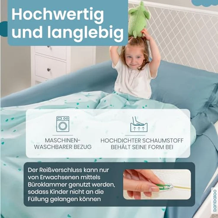 BANBALOO - Rausfallschutz für Kinderbett - Bettrolle für Kleinkinder Bett, Randkissen mit Memory-Schaum-Polsterung, Bettschutzgitter - Rutschfestes Tragbares Trennkissen - Bettgitter Rausfallschutz – Bild 7