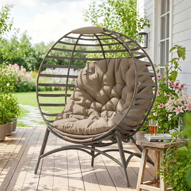 Papasansessel Gartenstuhl Korb-Stuhl mit Kissen oval Loungesessel Korb faltbar 118 x 77 x 139 cm--Sand--139x77x118cm--YOUDENOVA – Bild 4