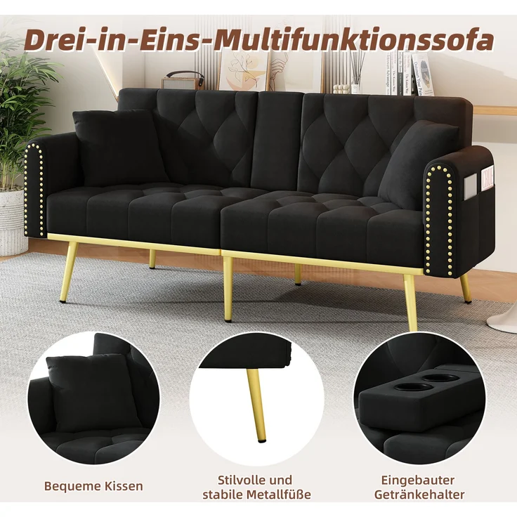 Merax Schlafsofa 2-Sitzer-Sofa mit Liegefunktion, drei verstellbaren Neigungswinkeln und Getränkehalter, Schwarz – Bild 3
