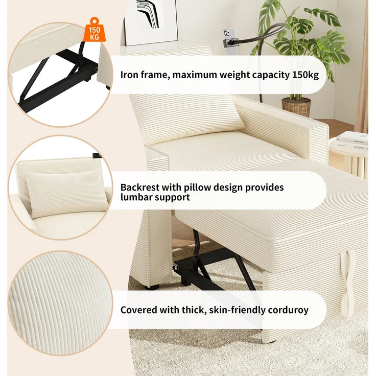 Multifunktionales faltbares Schlafsofa mit USB-Ladeanschluss und Handyhalter, 1-Sitzer Relaxsessel Sofa Bett umwandelbar, platzsparend für Wohnzimmer und Schlafzimmer, Cord Stoff, Beige – Bild 10