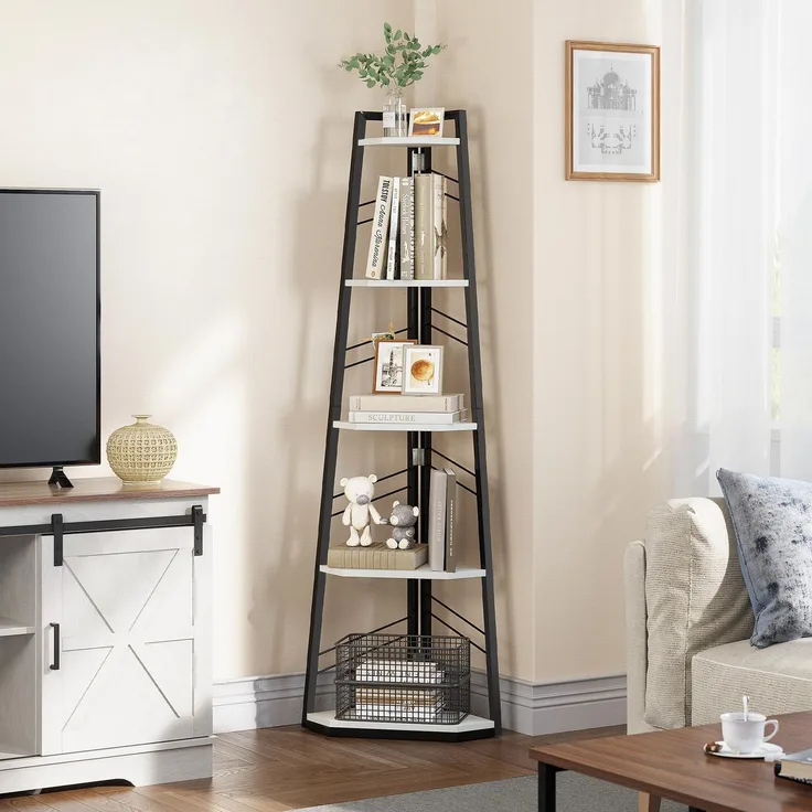 YITAHOME 5-Stöckiges Eck-Bücherregal - Industrielles Freistehendes Leiter-Bücherregal, Modernes Offenes Holzregal für Wohnzimmer, Diele, Home Office, Weiß