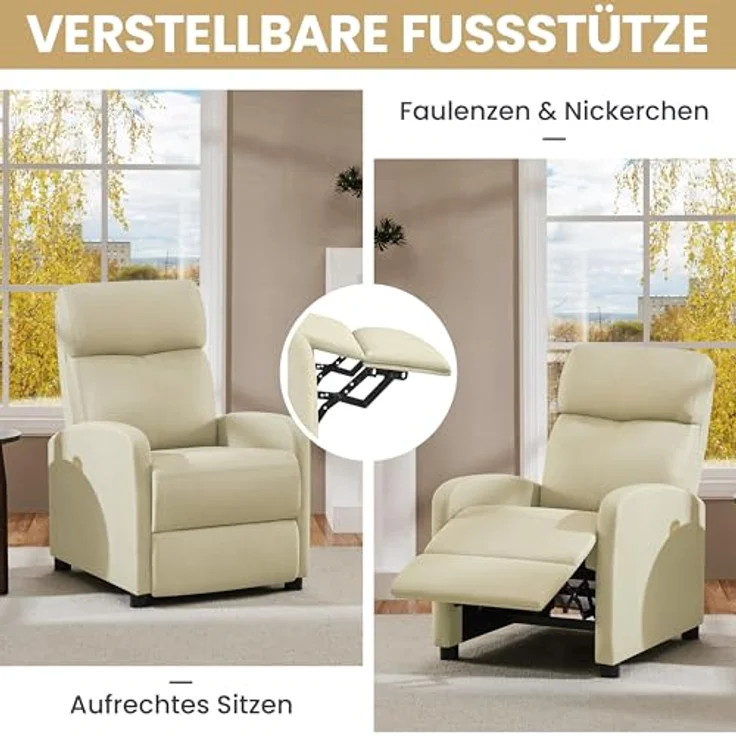 Yaheetech Relaxsessel Fernsehsessel Einzelsofa Ruhesessel mit Verstellbarer Beinablage Liegesessel aus Leinenstoff Beige – Bild 8