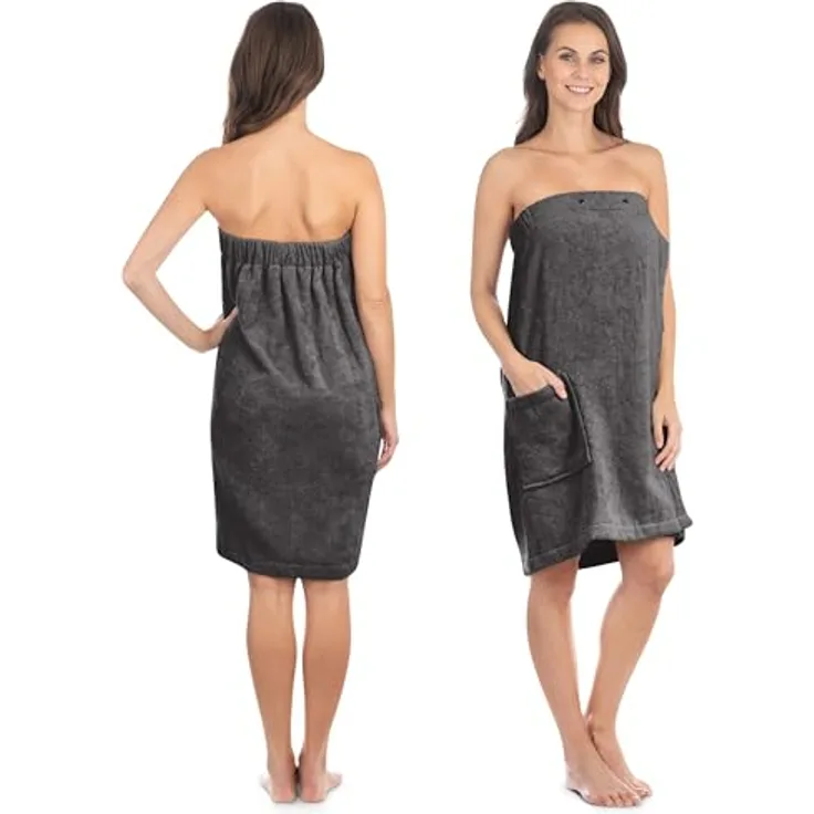 Liebenstein Saunakilt Damen, samtweicher Kilt aus 100% Baumwolle mit Gummizug, anthrazit, 360 g/m², mit Druckknöpfen und seitlicher Tasche