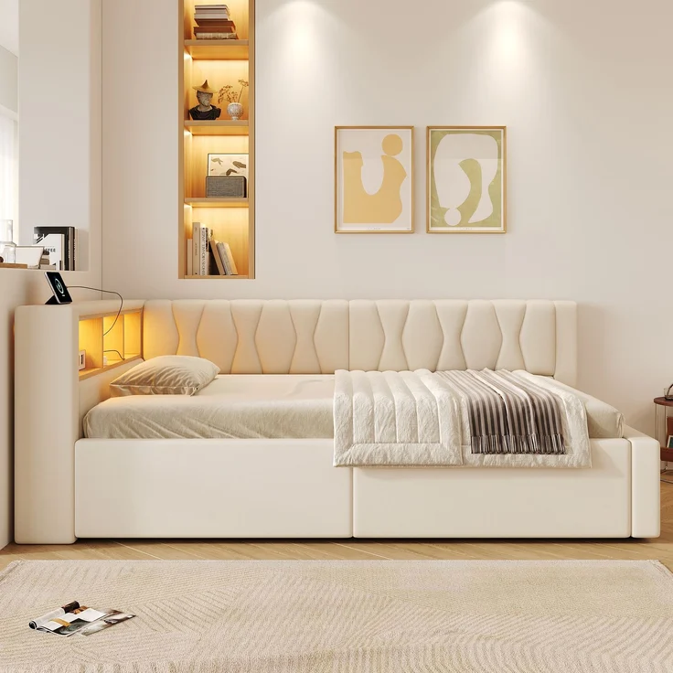 Daybett, Tagesbett, Schlafsofa,90x200cm, Ohne Matratze, Hydraulische Lagerung, mit dimmbarer LED-Leiste, mit praktischem Regal, mit USB-Anschluss, Beige – Bild 2