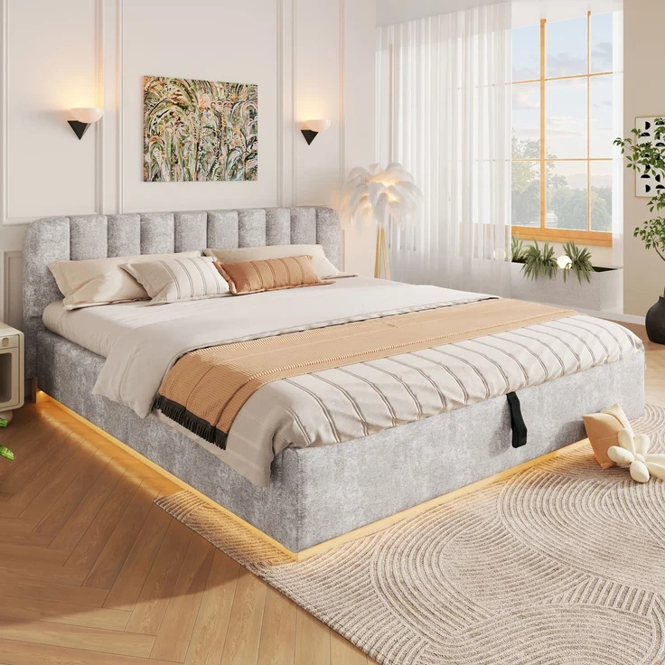 Polsterbett, Doppelbett, 180 x 200 cm, Bett mit Lattenrost, Kopfteil,Gepolstertes Kopfteil,Hydraulische Lagerung, Mit LED-Lichtleiste, Ohne Matratze, Hellgrau Chenille – Bild 3