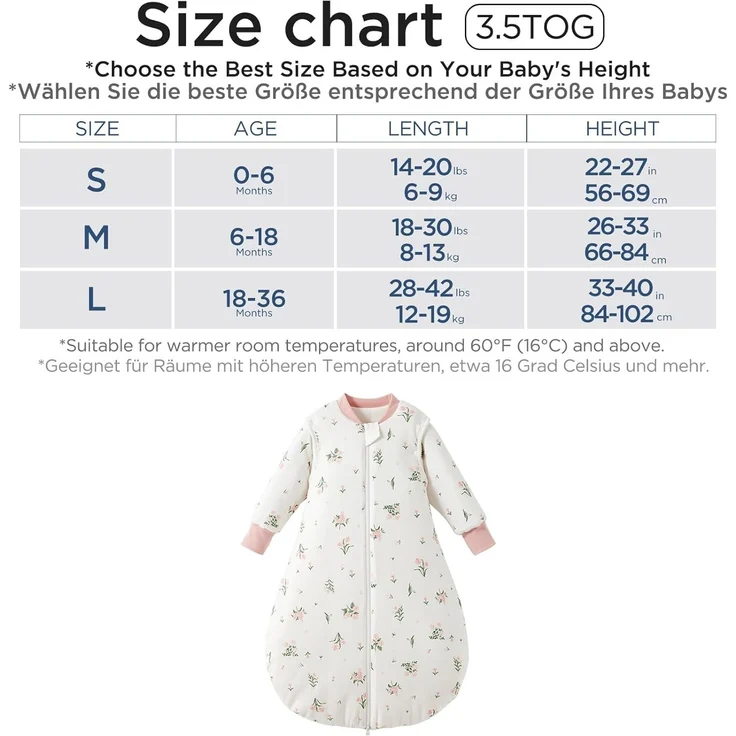 Duomiaomiao 3.5Tog Schlafsack Baby Ganzjahres, 100% Baumwolle Baby Schlafsack Winter, Mädchen Schlafsack Neugeboren, Jungen Schlafsack, Warmer Schlafsack Neugeborene Kinder(100) – Bild 5