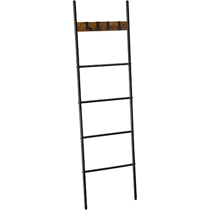 Vasagle Leiterregal schräg, Handtuchhalter, 5 Ebenen, 44x160 cm, platzsparend, Stahlrahmen, 4 Haken, für Decken, Handtücher – Bild 1