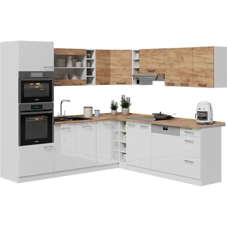 Eckküche R-Line Goldkraft Eiche/Weiß 247 x 60 cm zweifarbige Schränke, AP Eiche Vicco – Bild 8