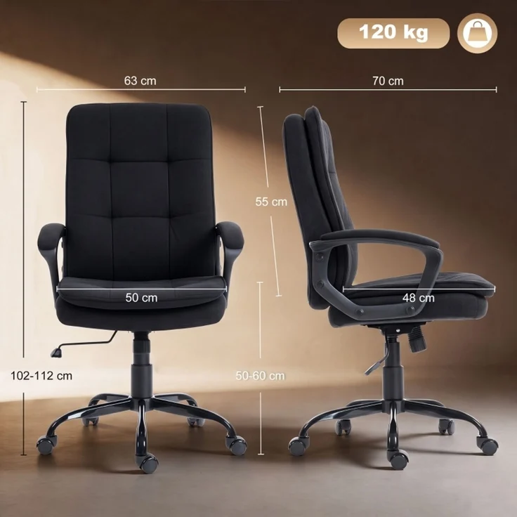 Chefsessel mit doppellagiger Polsterung, Bürostuhl aus Stoff, höhenverstellbar, mit Armlehnen, Schwarz--Schwarz--70x63x112cm--YOUDENOVA – Bild 3