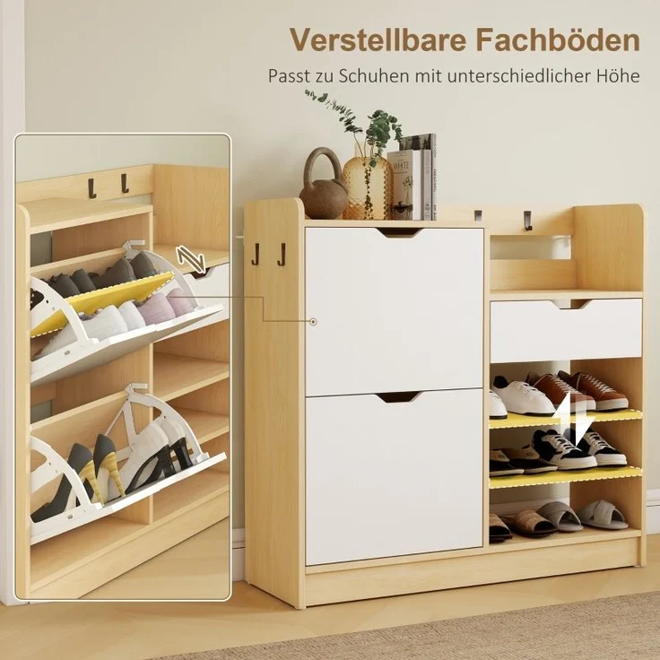 Schuhschrank Mit Umklappbaren Schubladen & Haken - Schuhkipper Modern Mit Holzoptik Und Kippschutz, Bis EU 45 – Bild 4