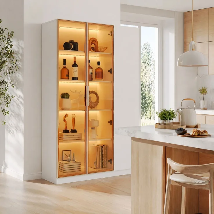 Vitrinenschrank 110x35x165 cm in Weiß mit LED, Sicherheitsglas und 3 Türen