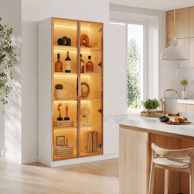 Vitrinenschrank 110x35x165 cm in Weiß mit LED, Sicherheitsglas und 3 Türen – Bild 1
