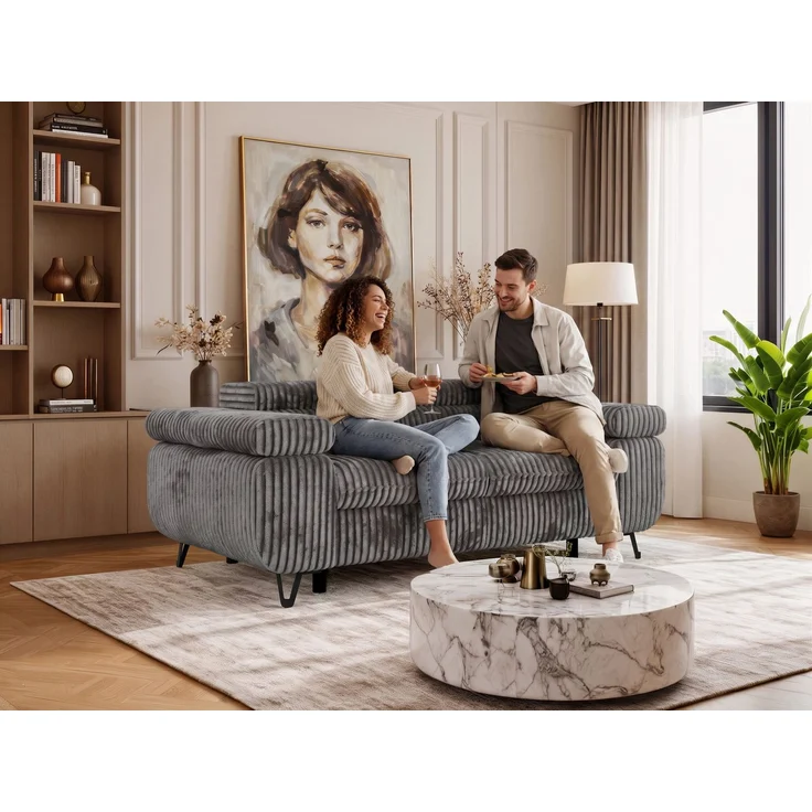 2-Sitzer Polstercouch PETER mit verstellbaren Armlehnen und Kopfstütze, Gepolsterte Couch, Wellenfeder - Beige Cord – Bild 3