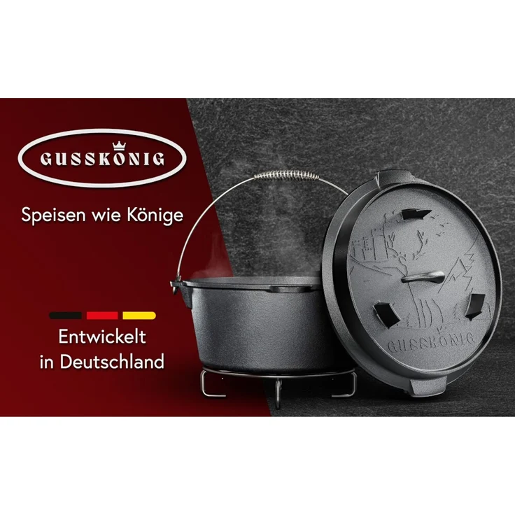 Dutch Oven 12 l ohne Füße aus Gusseisen – vorgebrannt mit Deckelheber & Edelstahl-Untersetzer inkl. Rezeptbuch für Grill Outdoor & Küche – Bild 12
