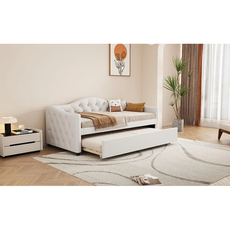 Merax Daybett, 90x200cm Tagesbett mit ausziehbarem Bett,Schlafsofa, Einzelbett(Ohne Matratze), Leinen, minimalistisches Styling, beige – Bild 5