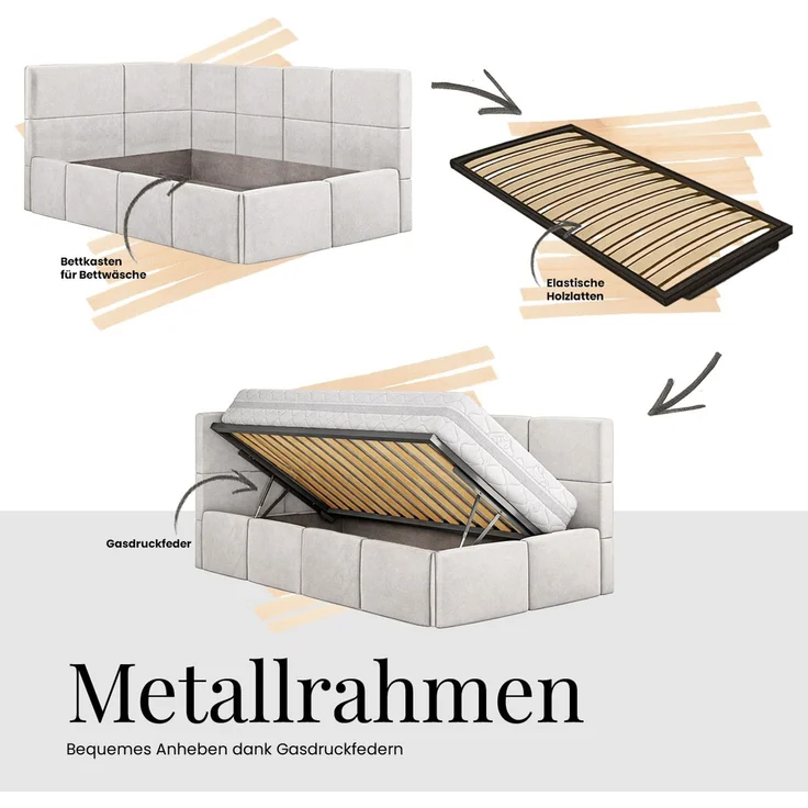 Jugendbett 90x200 cm TILVO mit Bettkasten, Polsterbett, Jugendzimmer, Lattenrost und gepolstertem Kopfteil, Multipocket Matratze - Beige Cord - Rechts - ELORI LUX – Bild 10