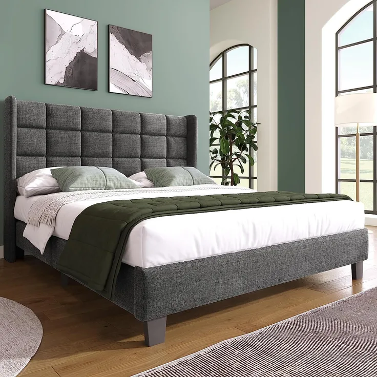 Polsterbetten 140x200 mit Lattenrost Rückenlehne，Hautfreundliche Leinenmaterial, Grau, Bett Einzelbett Jugendbett(Ohne Matratze)