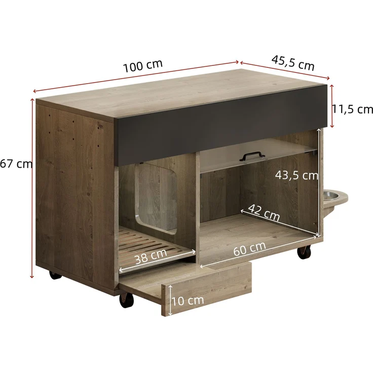 Bewegbarer Katzenkloschrank (Katzentoilettenschrank) – mit Katzenfuttertellern, Sandauffangschale, Lochplatte mit Hakenlöchern, ohne Katzenklo, 100×45,5×67 cm (antikgrau-braune Farbe, Eichenholzfarbe) – Bild 4