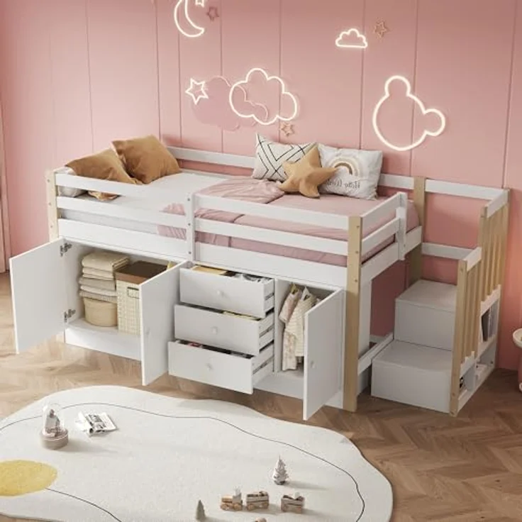 Odikalo Kinderbett Hochbett Einzelbett Schubladen Stauschränken Wäschestange Weiß 90x200 – Bild 2