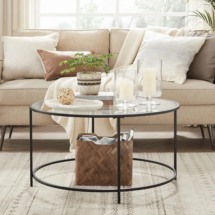 Vasagle Couchtisch, Beistelltisch rund, Glastisch mit Metallgestell, Hartglas, Nachttisch, Sofatisch, für Balkon, schwarz, Ø 84x45,5 cm