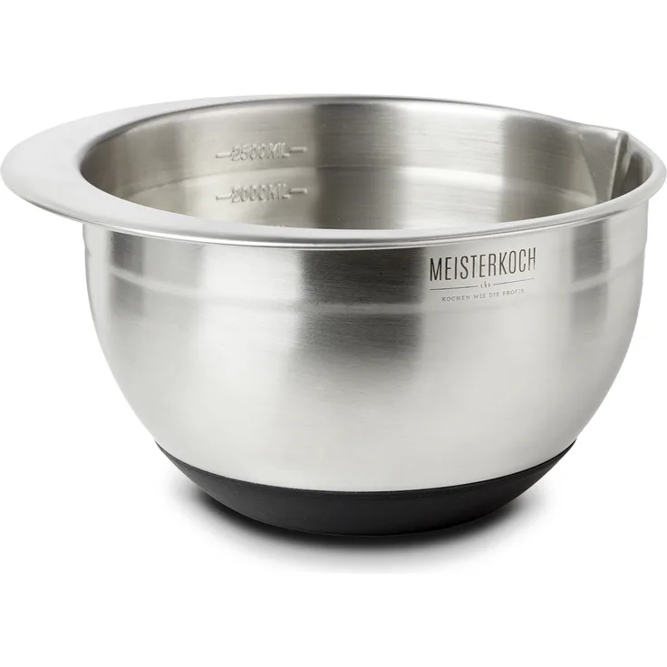 MEISTERKOCH Schüssel 2,5 Liter aus Edelstahl in silberfarben, mit Innenskalierung und Ausguss, rutschfester Boden, Rührschüssel, Salatschüssel, Schale, Bowl, ideal zum Mischen, stapelbar