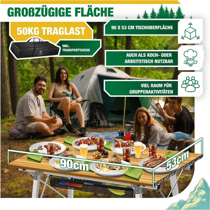 KESSER® Campingtisch faltbar Klapptisch mit Aluminiumrahmen Aufrollbare Tischplatte Falttisch klappbar inkl. Tragetasche mit Trageband & Netztasche, Holz-Optik Braun / Silber, 90 cm – Bild 1