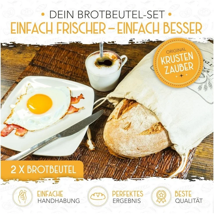 Krustenzauber Brottasche Leinen Brotbeutel im 2er oder 3er Set zur Brotaufbewahrung, (2-tlg) – Bild 2