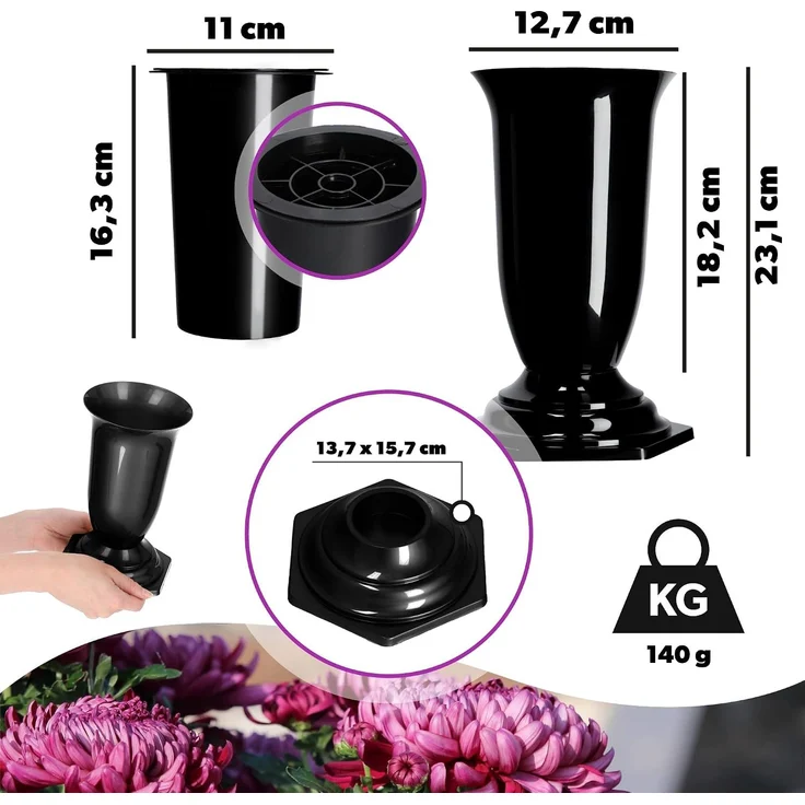 KADAX Vase, Fläschchen für Friedhof, Grabstein, Schwarz, 23 cm – Bild 3