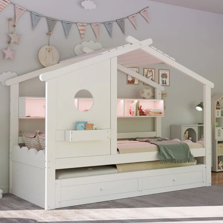 Merax Kinderbett, Jugendbett, 90x200cm, mit Ausziehbett 90x190cm, mit 2 Schubladen, mit USB- und Typ-C-Ladeanschlüssen und LED, mit Einlegeböden, Weiß – Bild 6