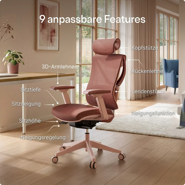Desktronic Bürostuhl Verstellbarer Ergonomischer SitPro, Rosa 3-Dimensional Armlehne, Integrierte 5-Wege-Lendenwirbelstütze – Bild 2