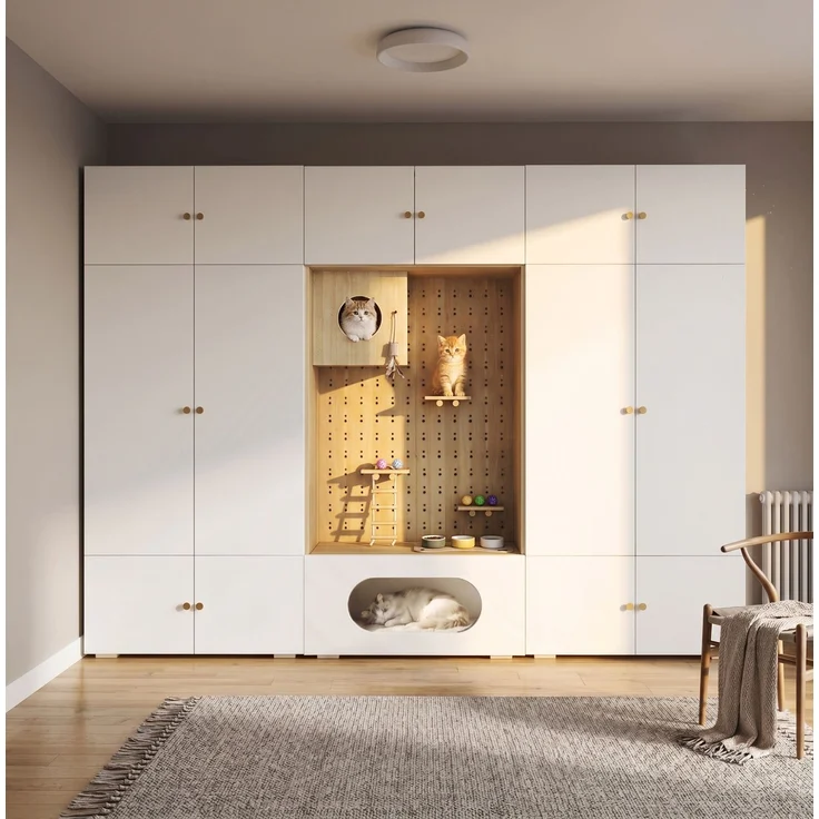 CHICFURN Kleiderschrank 270x200x50 cm aus Spanplatte mit Kleiderstange und Katzenkletterwand – Weiß/Holzoptik – Bild 1