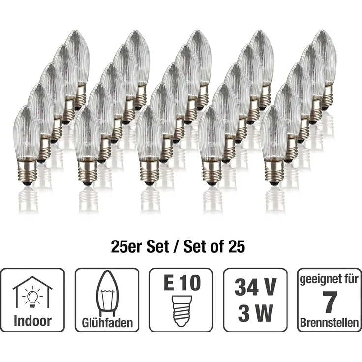 hellum Ersatz-Kerzen für Schwibbogen, 25 Stück 34V 3W Riffelkerze für Weihnachtsbaum Kerzen Lichterketten innen mit 7 Brennstellen, Birnen für Lichterbogen E10/ 34V/ 3W/ 22 Lumen 919110 – Bild 2