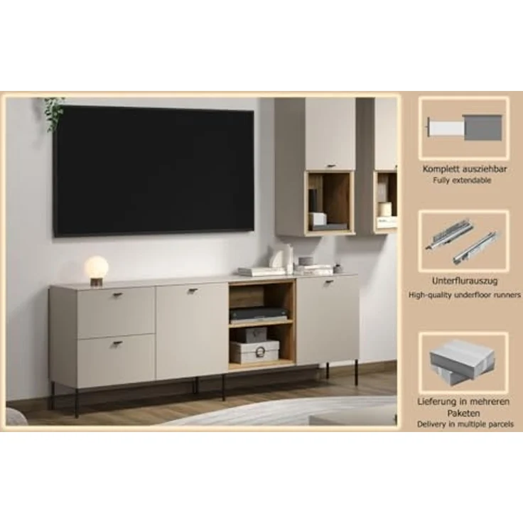 trendteam smart living - Sao Paulo - TV-Schrank - Kashmir (Beige)/Evoke Eiche - Lowboard für Fernseher bis 65 Zoll - (BxHxT) 200 x 75 x 40 cm - integrierte Kabeldurchführung – Bild 7