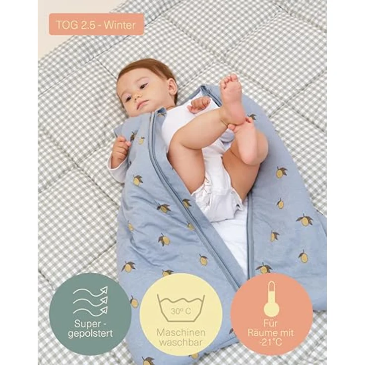 molis&co - Baby Schlafsack 2.5 TOG - Ganzjahres Schlafsack - Babyschlafsack Neugeborene - 100% Baumwolle (Oeko-TEX 100), ärmellos Winterschlafsack wattiert - Premium Qualität - Colima (70 cm) – Bild 5