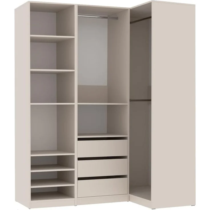 Marmex Möbel TRES SET J Kleiderschranksystem, offener Kleiderschrank mit Kleiderbügeln, Regalen, Schubladen, multifunktionales Kleiderschrankset für Schlafzimmer, laminierte Spanplatte, graubeige cashmere, 210x206x51 cm – Bild 6