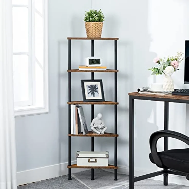 HOOBRO Eckregal mit 5 Ebenen, industrielles Eckregal Stehend, Bücherregal, Standregal, Eck-Bücherregal zur Präsentation von Pflanzenblumen, Aufbewahrungsregal für kleine Räume, Vintagebraun EBF33CJ01 – Bild 7