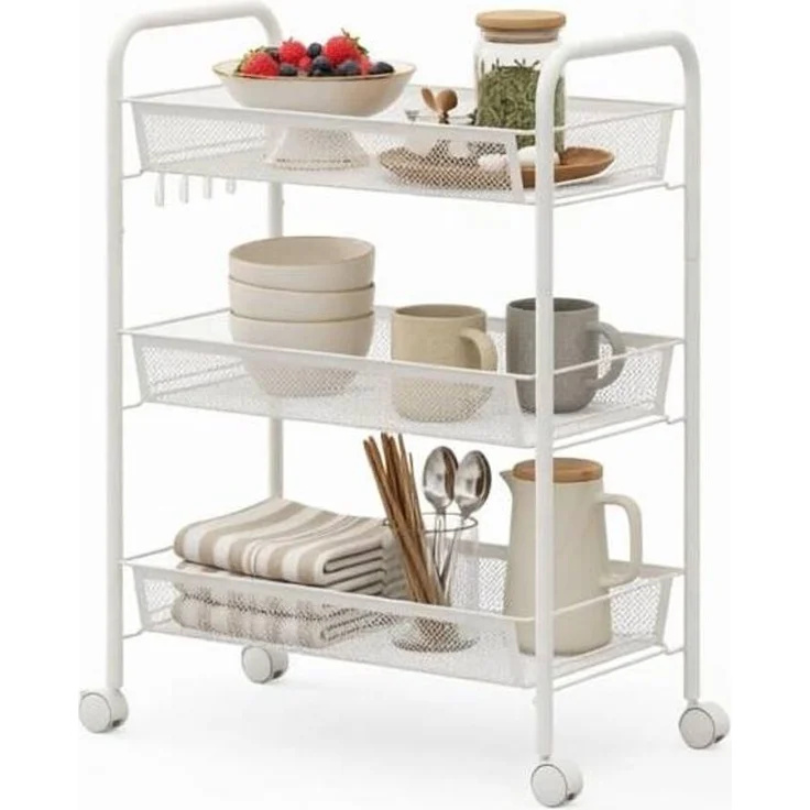 Rollwagen aus Stahl mit 3 abnehmbaren Körben, 45x26,5x63 cm, Weiß – Bild 4