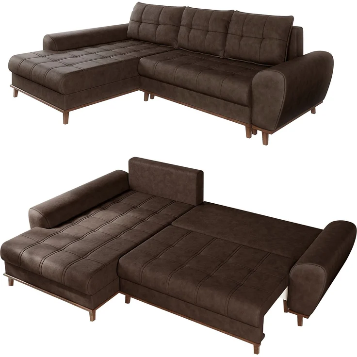 Ecksofa mit Schlaffunktion Bettkasten in Leder-Optik Mikrofaser Vintage Braun – Bild 1